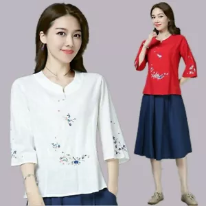 Women Floral Embroidery T-shirt Blouse Top Cotton Linen Ethnic Retro Casual Soft - Picture 1 of 14