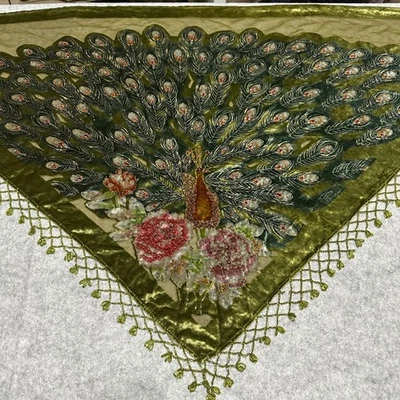 VTG Beaded Velvet Burnout Shawl Wrap Scarf Evening Boho Luxury Artisan Peacock - Image 1 of 4