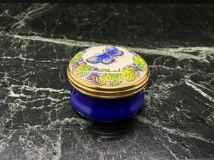 Halcyon Days Blue Enamel Trinket Box Butterfly & Flowers - Picture 1 of 7