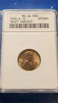 1955-S Lincoln Cent MS-64 RD BIE Die Chip Error in an Old ANACs Soap Box Holder - Image 1 of 4