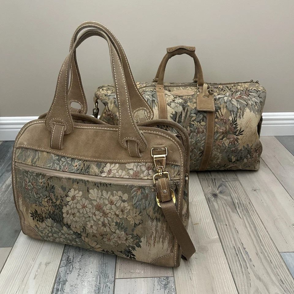 VINTAGE FRENCH LUGGAGE CO Floral Paradise SUEDE TAPESTRY 20”Carry On Duffle Bag - Image 1 of 4