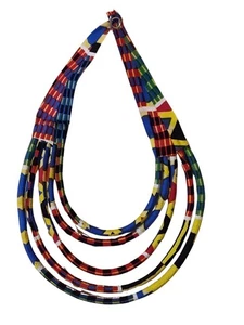AFRIKANISCHE Handarbeit Druck Stoff HALSKETTE LMulti Stränge Ankara Wachs rot gelb - Bild 1 von 4