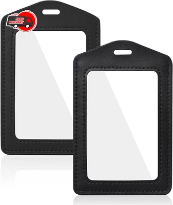 2件装皮革身份证徽章夹垂直双面透明卡夹适用于办公室 — 第 1/4 张图片