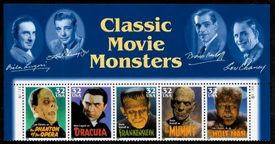 HOLLYWOOD CLASSIC FILMS MOVIE MONSTERS US #3168-3172 MVF P# STAMP SET NAME BLOCK - Image 1 of 2