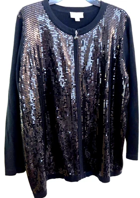 QUACKER FACTORYblack sequin front  zip up  cardigan sweater jacket   1X - Image 1 of 3