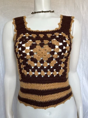Top Camisola Tejida Crochet Vintage Años 70 Hippie Festival Marrón Cottagecore Boho XS Foto 1 de 4