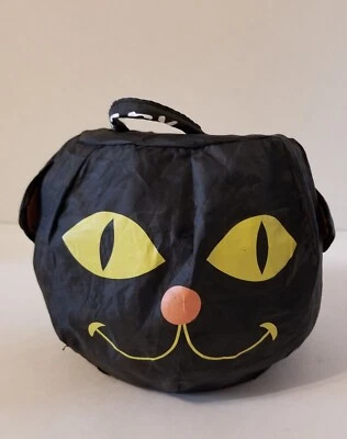 Vintage GEMMY Cat TRICK OR TREAT Bucket Fabric Spring Monster Face Collapsible Foto 1 de 4