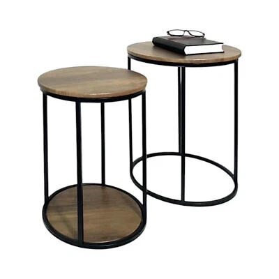 Set of 2 Coffee Side End Nesting Tables Black Metal Legs Wooden Rustic Oak Top - Image 1 of 4