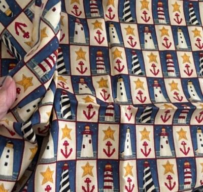 2YD 44X72 MODA Deb Strain LIGHTHOUSE Nautical CAPE LIBERTY Quilt Fabric Red Blue - Image 1 of 4