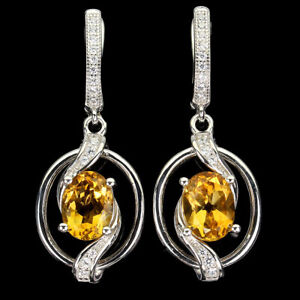 Unheated Oval Citrine 8x6mm Cz 14K White Gold Plate 925 Sterling Silver Earrings