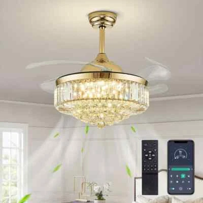 Pacific Core 42" Indoor Gold Smart Retractable Crystal Ceiling Fan+Light+Remote - Image 1 of 4