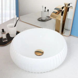 15" Weiß Keramik Badezimmer Gefäß Waschbecken Rundbecken Schüssel mit Gold Wasserhahn & Abfluss - Bild 1 von 8