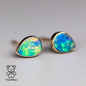 Rainbow Color Pear Shaped Australian Doublet Opal Stud Earrings 14K Yellow Gold - Picture 1 of 10