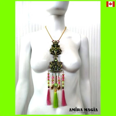 Jewelry Royal Amulet Egyptian Sphynx Woman Necklace Long Pendant Pearls Tassels - Image 1 of 4