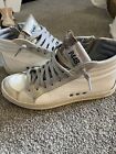 P448 Skate High Top Shoes Womens 37  White Snake Side Zip Lace Sparkle