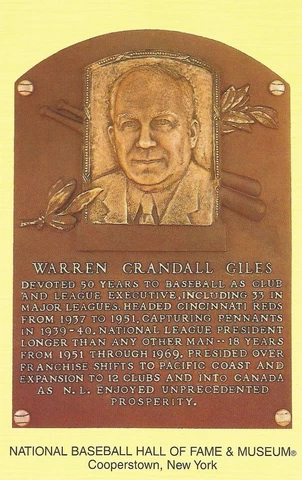 Postcard Warren Giles Cooperstown Cincinnati Reds Hall of Fame MINT Cover