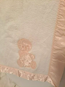 Vintage Chatham Acrylic White Baby Blanket Pink Trim Bear Applique Vtg 42"x48" - Picture 1 of 6
