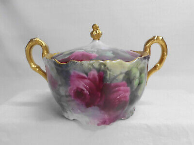 Antique Limoges Jean Pouyat 2 Handle Covered Dish Handpainted Red Cabbage Roses • 40.56£