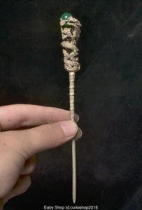 6.6" Old China Silver Inlay Green Gem Dynasty Dragon Bead Hairpin Hair Stick - Picture 1 of 6