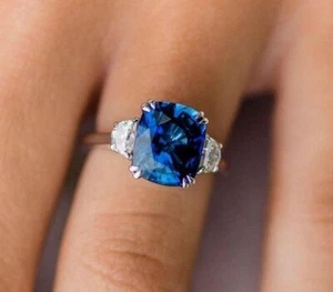 Cushion Cut Sapphire & Lab Created Diamond Wedding 14Ct White Gold Filled Ring