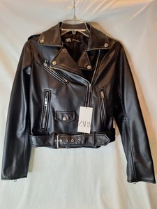 #558 Nueva Chaqueta Zara Mujer Negra Imitación Cuero Recorta Motociclista Motociclista Cinturón Talla Pequeña - Imagen 1 de 6