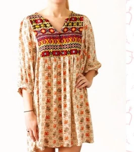 NWT Umgee Small Perfect Day Aztec Tunic Dress V Neck 3/4 Sleeve Floral - Picture 1 of 3