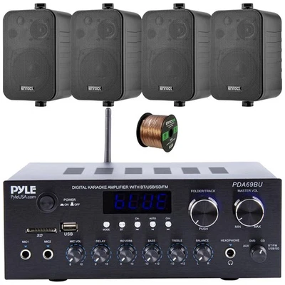 PYLE-ENROCK Pyle Home Bluetooth Stereo Amplifier, 4x 4" 30W Indoor/Outdoor Speakers w/Wire