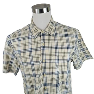 VTG Abercrombie Mens Fitted Camp SS Button Up Cream Olive Navy Plaid Shirt Large - Picture 1 of 10