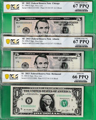 $5 & $1 & $1  MATCHING NEAR SOLID S/N 55555509 Federal Reserve THREE NOTES PCGS - Image 1 of 3
