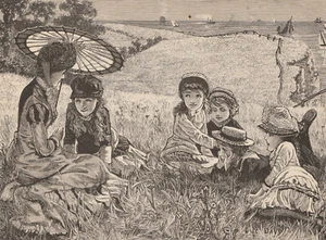 Grabado victoriano de acero del siglo XIX para cinco estudiantes y profesores estudian al aire libre - 8,5 x 6,5 - Imagen 1 de 3