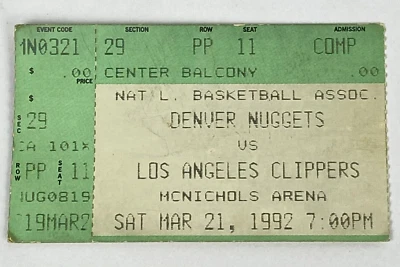 1992 Denver Nuggets Ticket Stub  vs LA Clippers McNichols Arena Denver 3/21 VTG - Image 1 of 4