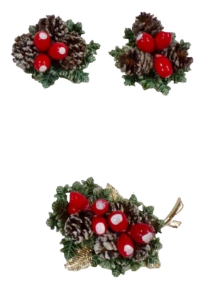 Juego de alfileres y pendientes de Navidad en conos de pino OB bayas hojas clip años 50 Foto 1 de 4