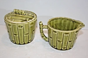Cream & Sugar Vintage Avocado Green Bamboo MCM with Cover Japan - Picture 1 of 4