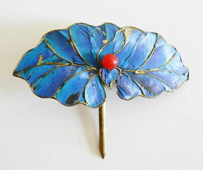 Pin de pelo pluma de martín pescador dinastía Qing coral chino antiguo Tian-tsui 點翠 珊瑚 Foto 1 de 2