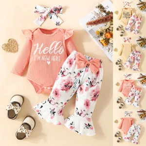3PCS Newborn Baby Girl Ruffle Romper Tops Flared Pants Ribbed Outfit Clothes Set - Picture 1 of 20