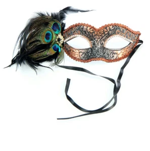 Mascherade Bronzo Crackizzata Venezia Maschera Occhio con Piume di Pavone e Gioielli - Foto 1 di 1