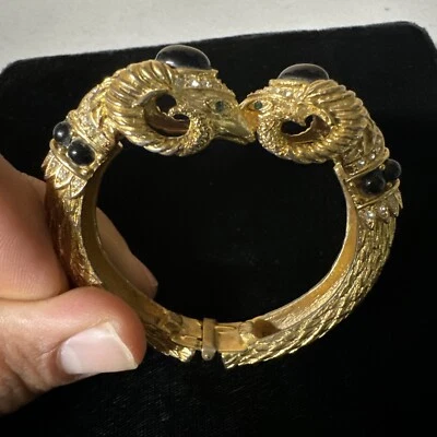 Fabulous Signed Craft Double Ram Heads Gold Black Enamel Cuff Bracelet Green Eye - Image 1 of 4
