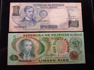 Philippines 1 Piso 1969 & 5 P ND 1978-1985 5582h90 Central Bank Currency Money - Picture 1 of 2