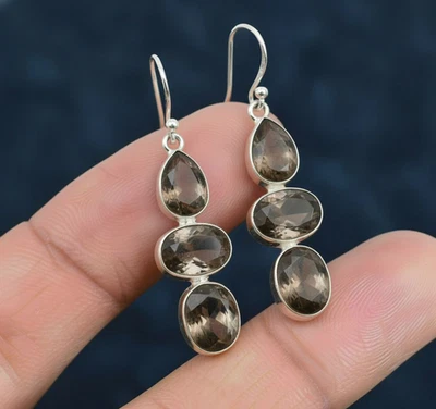 Pendientes de cuarzo ahumado de plata de ley 925 hechos a mano colgantes facetadas piedras preciosas joya Foto 1 de 4