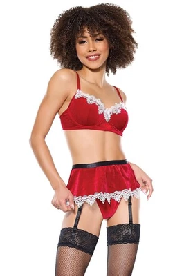 Conjunto Sujetador Acolchado Falda Liguero Terciopelo Rojo Navidad Coquette Foto 1 de 4