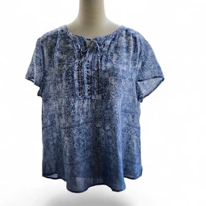 Laura Scott blau-weiß gemustertes Damen XL Nieten Top Bindekragen Boho Chic - Bild 1 von 15