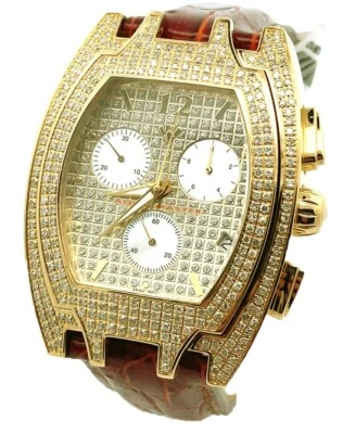 Aqua Master relógio masculino mostrador dourado pulseira de couro borgonha diamante 3,5 quilates #W35 - Imagem 1 de 4