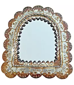 Handmade Punched Tin Arch Mirror Silver and Copper Color - Picture 1 of 5