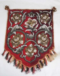 VICTORIAN FIREPLACE FACE SCREEN BEADED ROCOCO ROSES PANEL, NEEDLEPOINT, 1860s - Picture 1 of 13