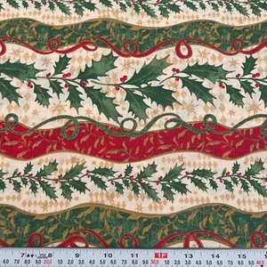 Striped Christmas Holly Metallic Gold Accents Cotton Fabric Remnant 10" x 43" - Picture 1 of 2