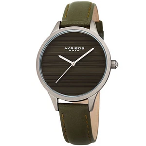Womens's Akribos XXIV Ak1005GN Quartz Striated Silver & Green Leather Slim Watch - Picture 1 of 1
