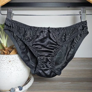 Vintage seidiges Nylon Höschen durchsichtig schwarz Bikini Sissy Spitze Slip Größe Small Hüfte 33-37" - Bild 1 von 18