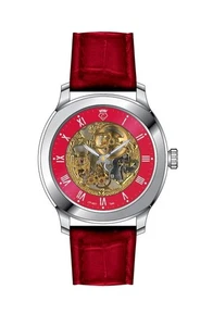 Skelettuhr mit Swiss made ETA-Peseux 7040 Handaufzug Künsterarbeit Rot Cavadini - Picture 1 of 10