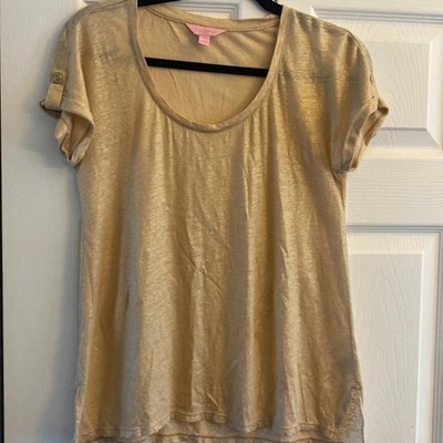 Lilly Pulitzer Womens XS Gold Sand Dune Linen Inara Short Sleeve Tee Coastal - Image 1 of 4