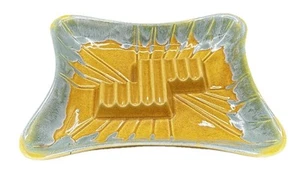 Vintage Ashtray USA Pottery 3419 Yellow Teal Green Drip Glaze 50s - Picture 1 of 15